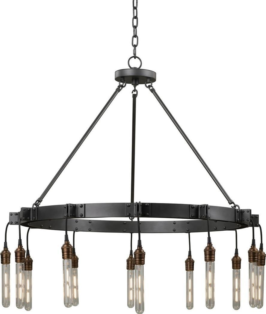 Kalco Stuyvesant Matte Gunmetal 12-Light Chandelier Industrial Design: Kalco Stuyvesant Matte Gunmetal 12-Light Chandelier Industrial Design Illuminate your space with this stunning Matte Gunmetal Chandelier featuring elegant Brass Patina sockets. This bowl chandelier bo