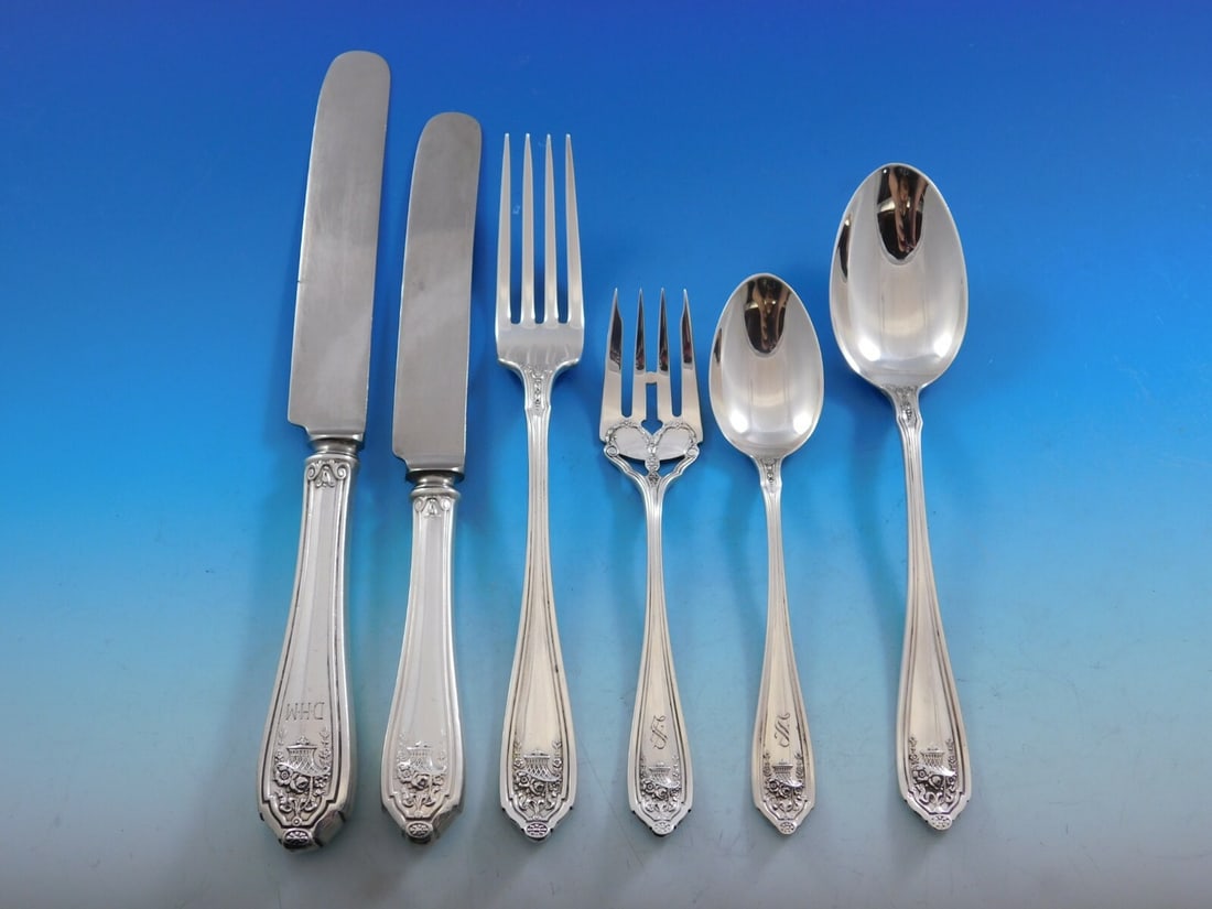 Dominick & Haff Basket of Flowers Sterling Silver Flatware Set 66 Pieces: Dominick & Haff Basket of Flowers Sterling Silver Flatware Set 66 Pieces This exquisite 66-piece Sterling Silver Flatware Set features the elegant "Basket of Flowers" pattern by Dominick & Haff, datin