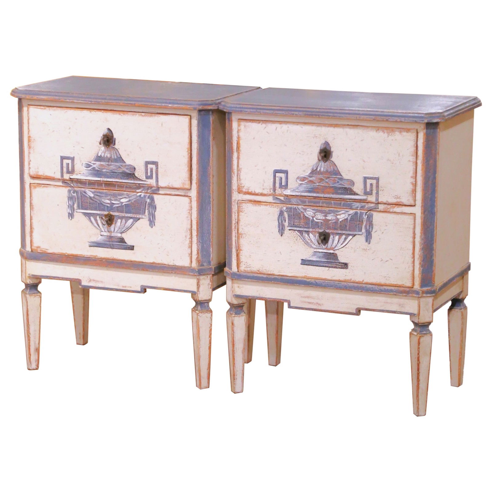 Set of Two Antique French Louis Philippe Painted Pine Bedside Cabinets Circa 1890: Set of Two Antique French Louis Philippe Painted Pine Bedside Cabinets Circa 1890 This pair of late 19th-century French Louis-Philippe nightstands or small commodes was crafted in France around 1890 f