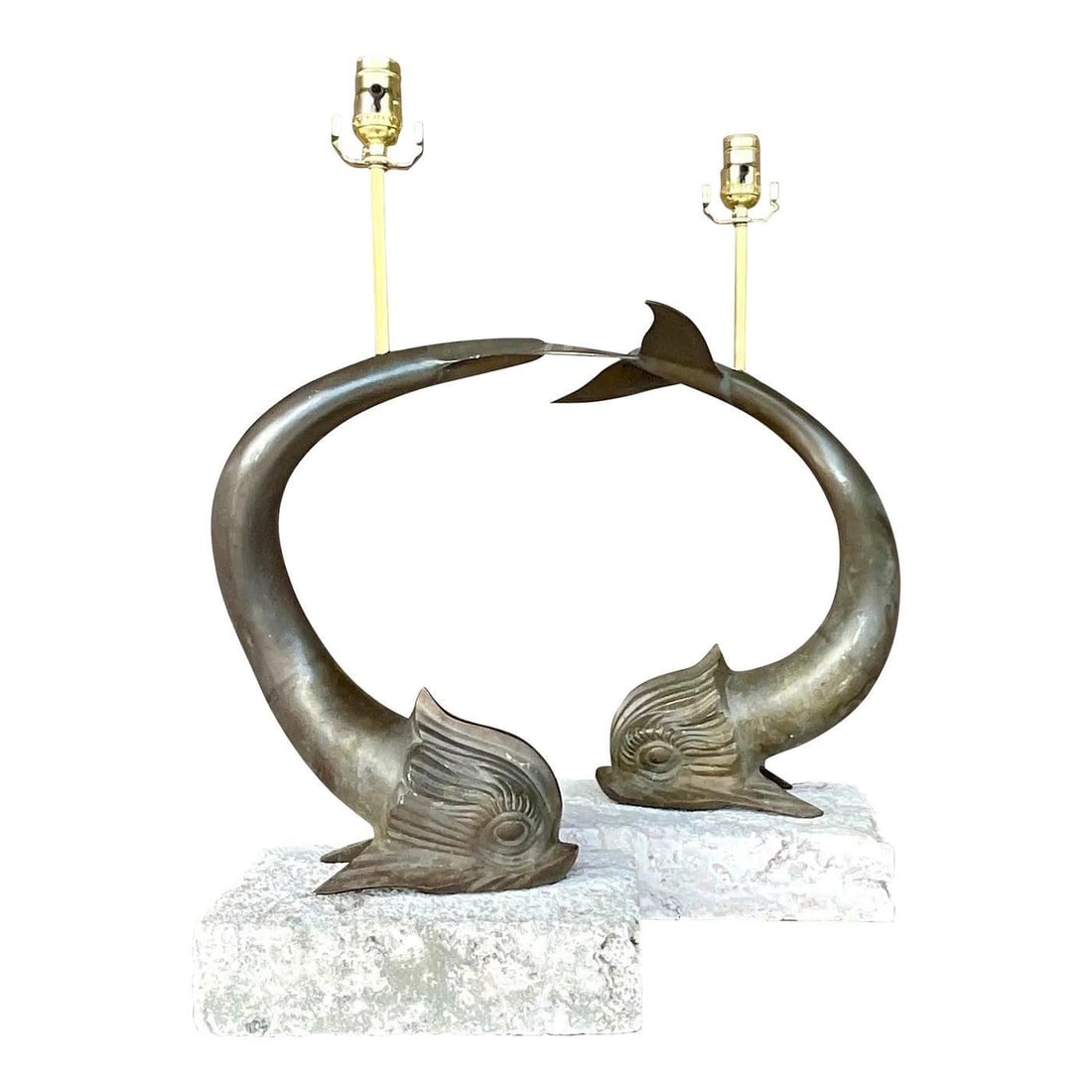 Vintage Coastal Bronze Koi Fish Lamps on Coquina Slabs - Pair: Vintage Coastal Bronze Koi Fish Lamps on Coquina Slabs - Pair Illuminate your space with this stunning pair of vintage coastal table lamps featuring chic bronze Koi fish elegantly mounted on custom co