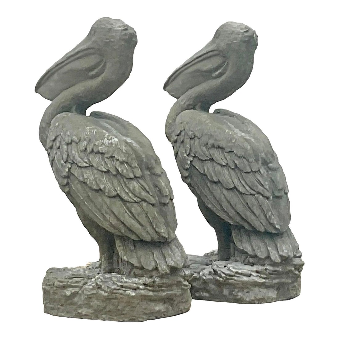 Pair of Vintage Coastal Cast Concrete Pelican Statues: Pair of Vintage Coastal Cast Concrete Pelican Statues This stunning pair of vintage coastal pelican statues is crafted from cast concrete, offering a chic and timeless addition to your outdoor decor.