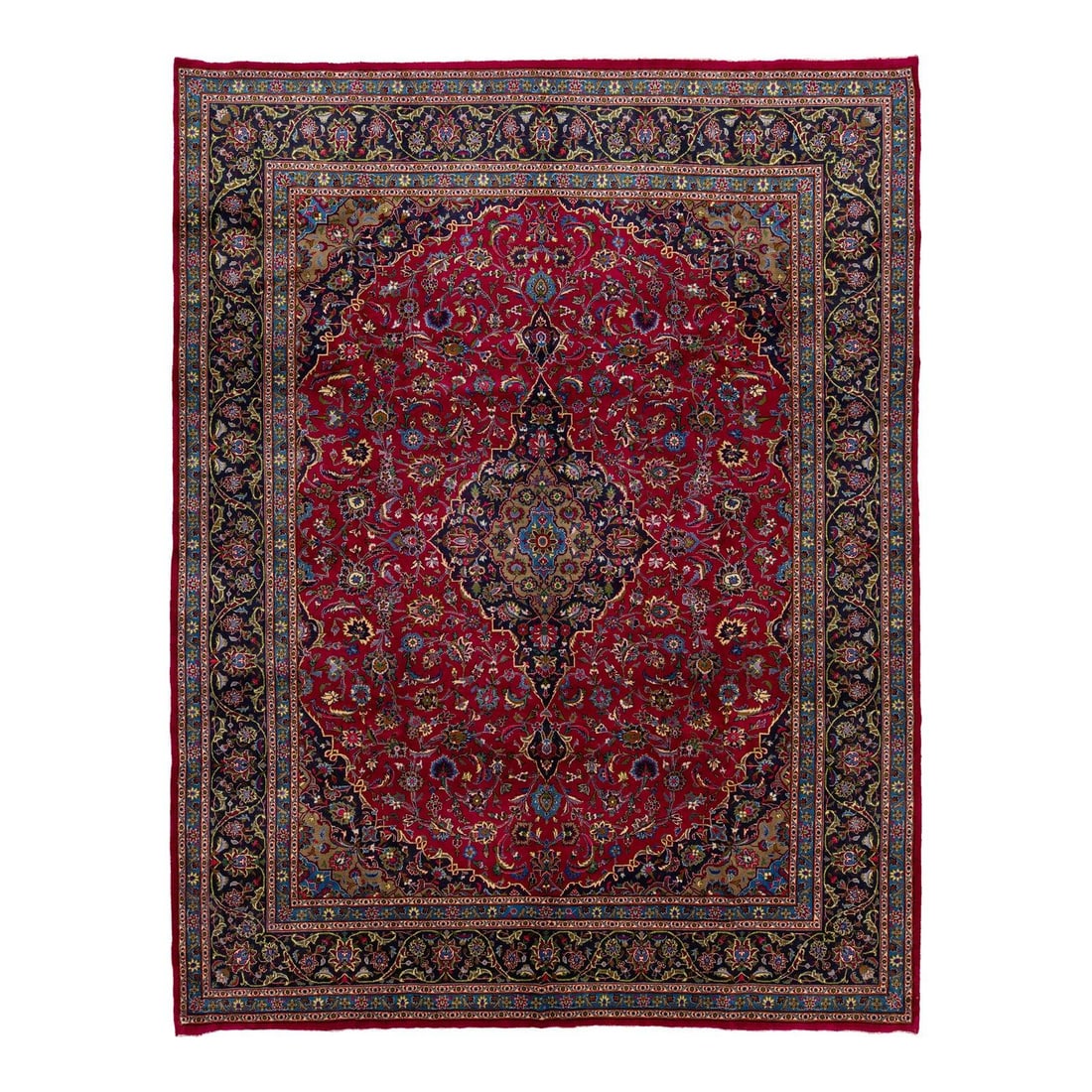 Red Vintage Hand-Knotted Mashad Persian Wool Rug 9'10 x 12'10: Red Vintage Hand-Knotted Mashad Persian Wool Rug 9'10 x 12'10 Experience the elegance of this vintage Mashad handmade wool rug, featuring a striking red background adorned with a captivating allover f
