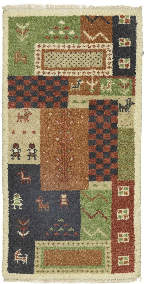 Hand-Knotted Wool Indo-Gabbeh Tribal Rug Multicolored 2'1 x 3'11 Kids Decor: Hand-Knotted Wool Indo-Gabbeh Tribal Rug Multicolored 2'1 x 3'11 Kids Decor This small multicolored Indo-Gabbeh Oriental rug features a hand-knotted wool construction and a plush, high pile, making it