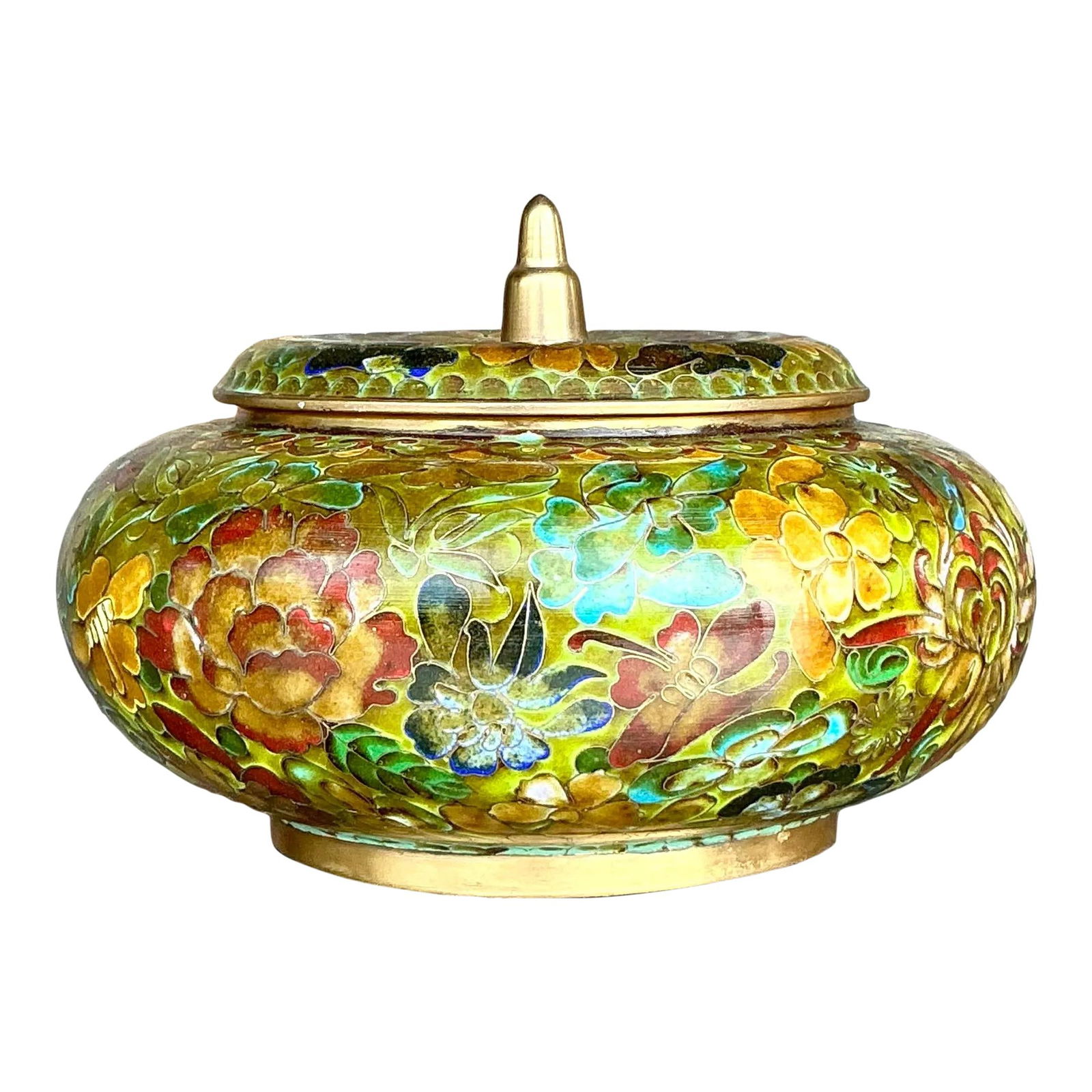 Vintage Asian Cloisonne Lidded Urn with Floral Patterns: Vintage Asian Cloisonne Lidded Urn with Floral Patterns Elevate your space with this Vintage Asian Cloisonne Lidded Urn, showcasing exquisite enamel work and vibrant floral motifs. This urn exemplifie