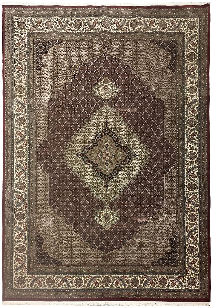 Handmade Wool Silk Mahi Tabriz Rug 8.3 x 11 Burgundy: Handmade Wool Silk Mahi Tabriz Rug 8.3 x 11 Burgundy Free continental US Shipping Enhance your living space with this exquisite, handmade Mahi Tabriz rug, crafted from a luxurious blend of wool and si