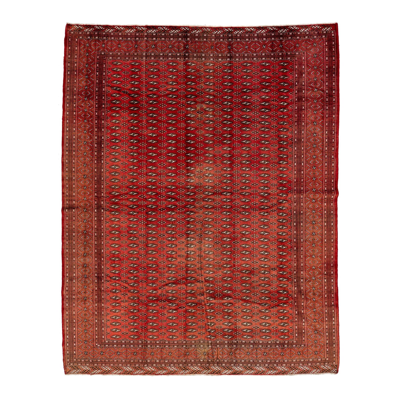 Vintage Turkoman Red Wool Rug 9'9 x 12'3 Geometric Design: Vintage Turkoman Red Wool Rug 9'9 x 12'3 Geometric Design This stunning vintage Persian Turkoman rug showcases exquisite hand-knotting with a vibrant red field adorned in a geometric pattern, compleme