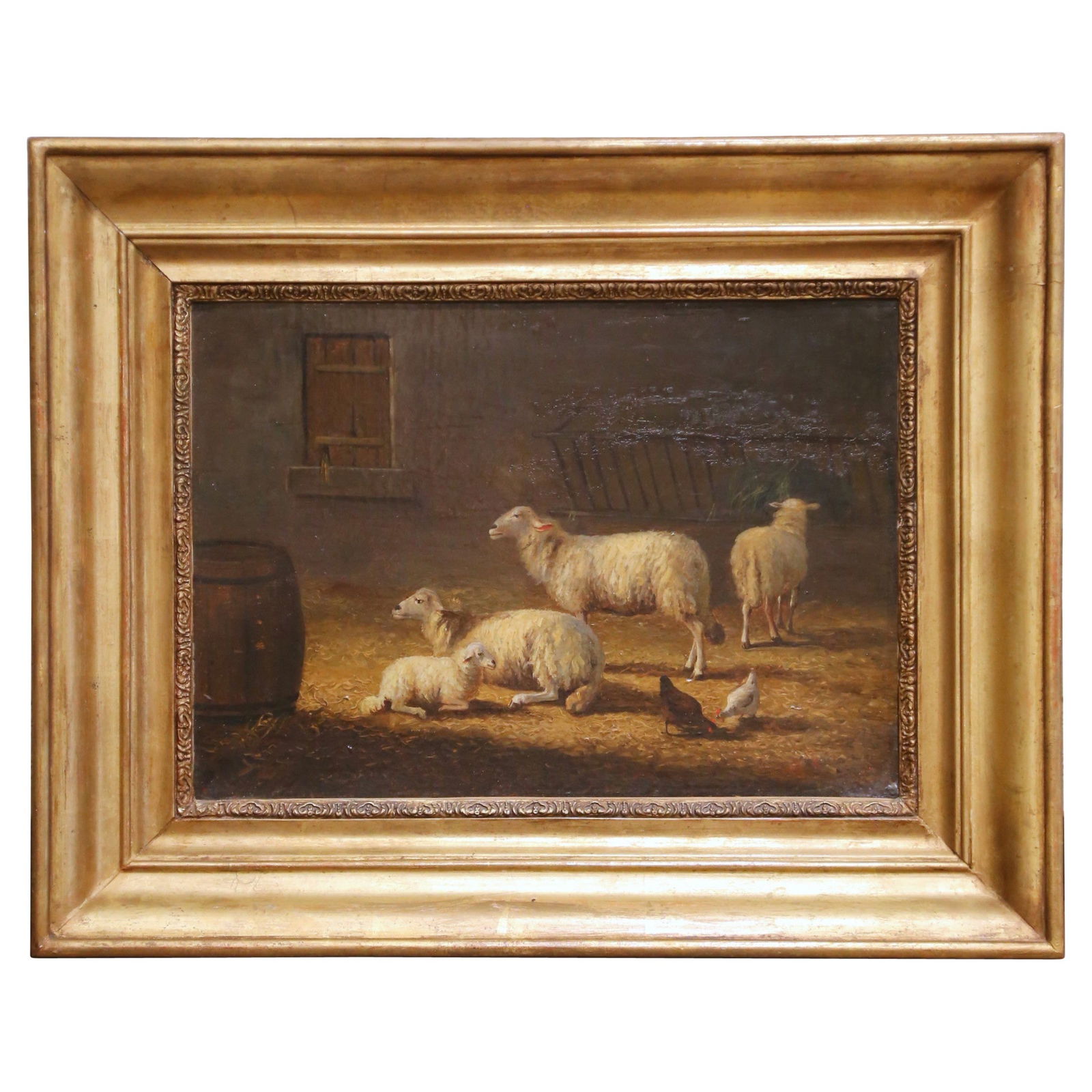 French Farmyard Oil on Canvas Attributed to Jules Louis Rame Circa 1890: French Farmyard Oil on Canvas Attributed to Jules Louis Rame Circa 1890 This late 19th-century French pastoral oil painting, attributed to Jules Louis Rame, portrays a tranquil farmyard scene with she
