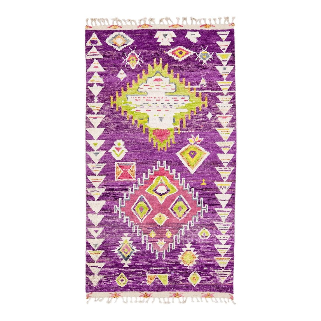 Purple Handmade Moroccan Wool Rug with Tribal Design 5 x 8.67: Purple Handmade Moroccan Wool Rug with Tribal Design 5 x 8.67 Enhance your living space with this stunning handmade Moroccan wool rug. Featuring a vibrant purple field adorned with a multicolored trib