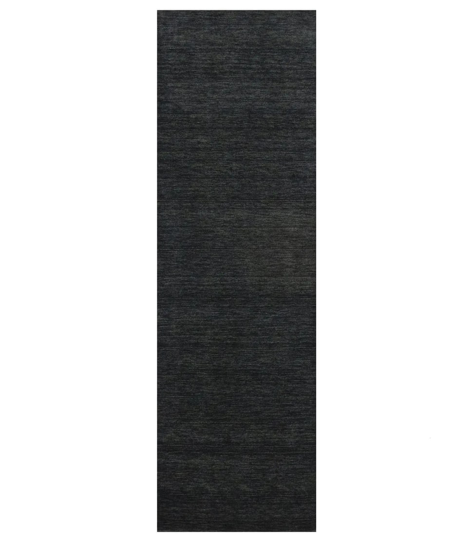 Solid Charcoal Hand-Loomed Wool Runner 2'6 x 7'11 Modern Rug: Solid Charcoal Hand-Loomed Wool Runner 2'6 x 7'11 Modern Rug Enhance your living space with this elegant Solid Charcoal Hand-Loomed Gabbeh Wool Rug. Measuring 2'6" x 7'11" (30" x 95"), this rug featur