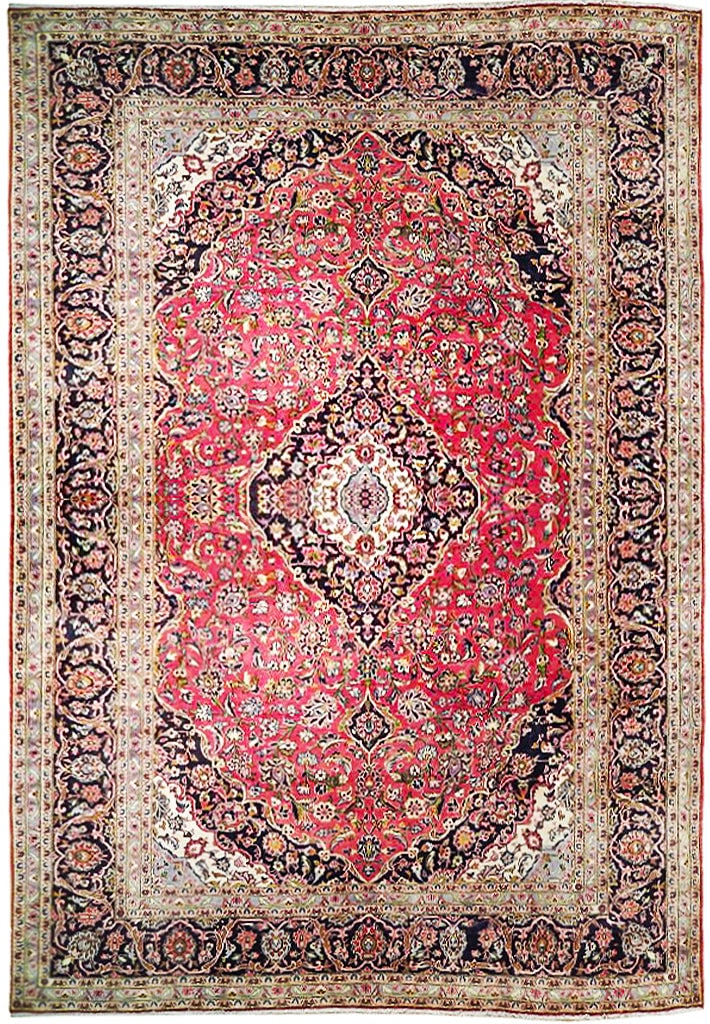 9.8 x 13.4 Salmon Semi-Antique Persian Kashan Rug Handmade Wool: 9.8 x 13.4 Salmon Semi-Antique Persian Kashan Rug Handmade Wool Free continental US Shipping Enhance your living space with the timeless elegance of this handcrafted 9.8 x 13.4 Red Semi-Antique Persia