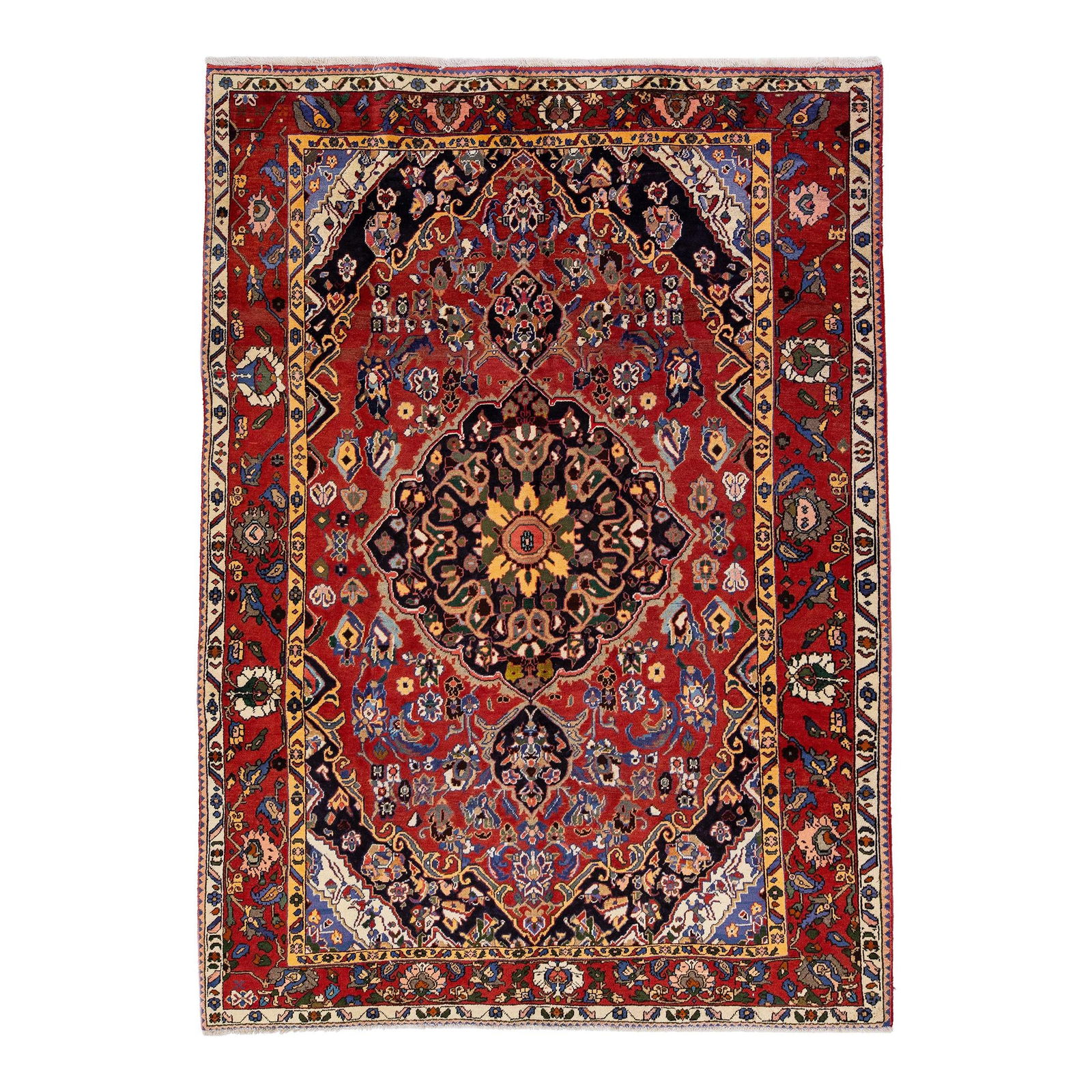 Vintage Persian Bakhtiari Handmade Wool Rug 6'10 x 9'6 Red Medallion: Vintage Persian Bakhtiari Handmade Wool Rug 6'10 x 9'6 Red Medallion Discover the elegance of this vintage Persian Bakhtiari hand-knotted wool rug, showcasing a stunning red color field complemented b
