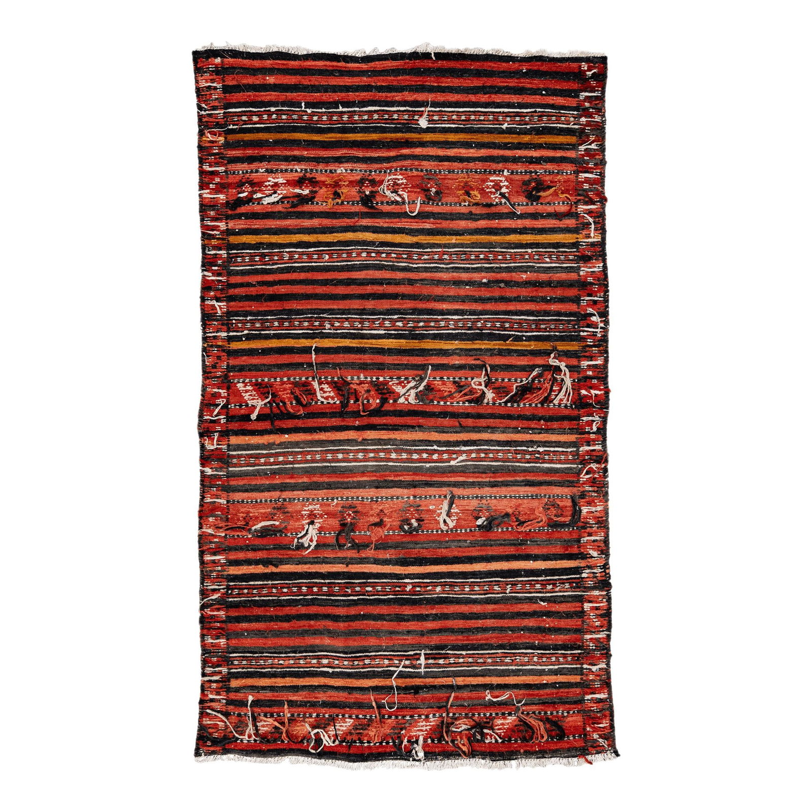 Vintage Kilim Handmade Wool Runner Red Stripe 4'9 X 8'5: Vintage Kilim Handmade Wool Runner Red Stripe 4'9 X 8'5 Enhance your space with this stunning vintage kilim handmade wool runner. Featuring a vibrant red field and an all-over stripe design, this flat