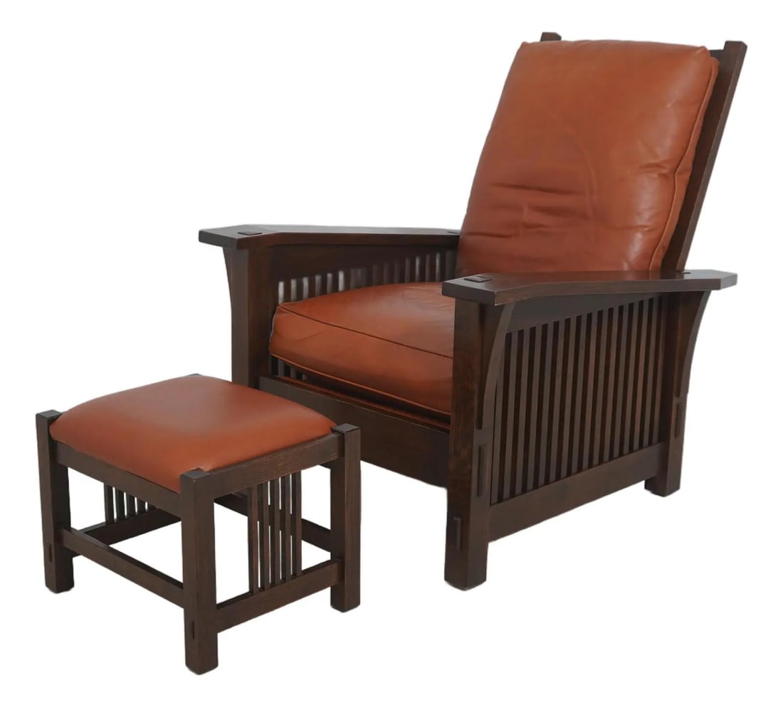 Arts and Crafts Style Oak and Leather Reclining Morris Chair Plus Ottoman: Arts and Crafts Style Oak and Leather Reclining Morris Chair Plus Ottoman This Stickley Mission-style Morris chair with matching ottoman features high-quality oak construction in a brown finish (Finis