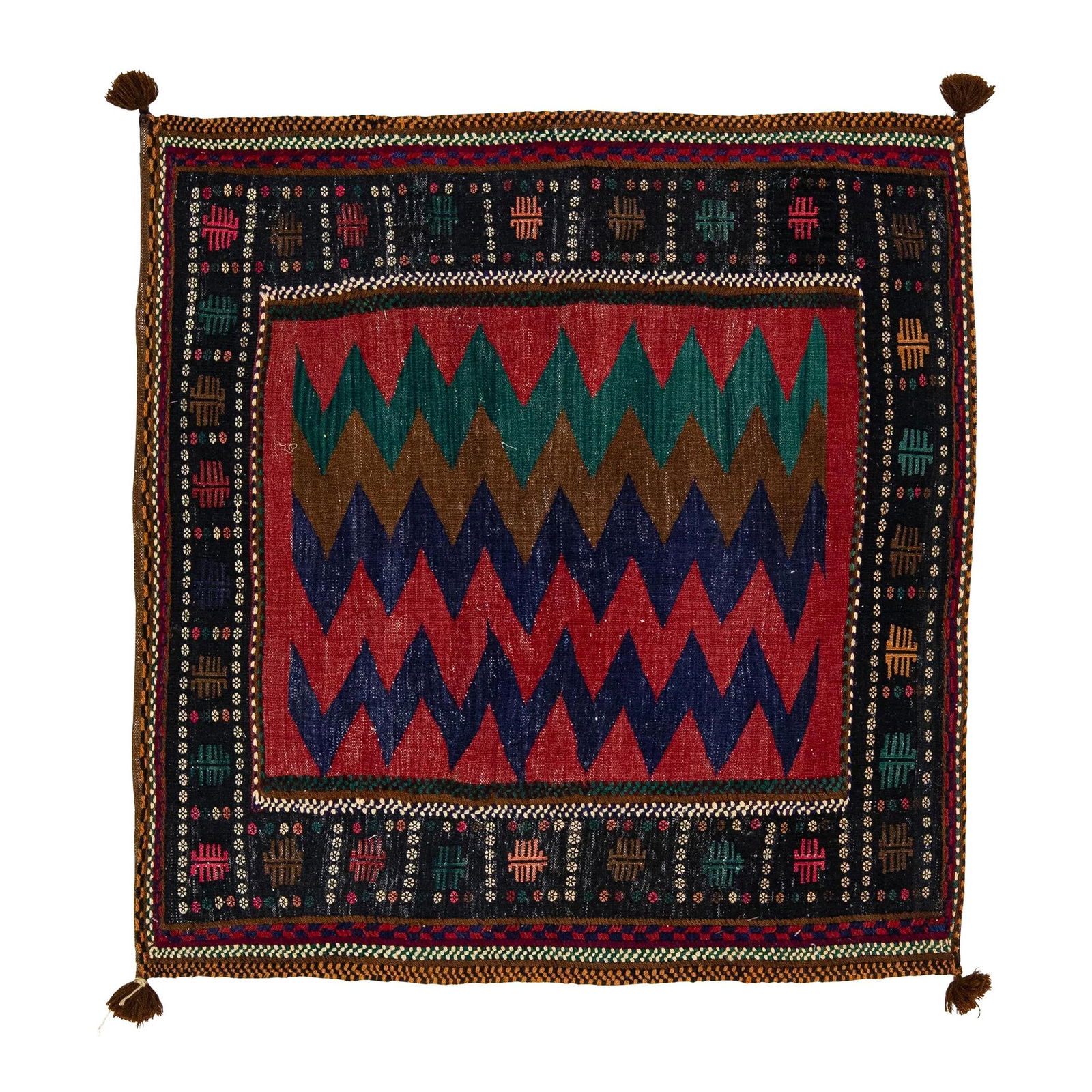 1960s Vintage Persian Shiraz Wool Rug Tribal Design Multicolor Accents: 1960s Vintage Persian Shiraz Wool Rug Tribal Design Multicolor Accents This exquisite 1960s Vintage Tribal Persian Shiraz wool rug showcases a captivating tribal design, beautifully adorned with vibra