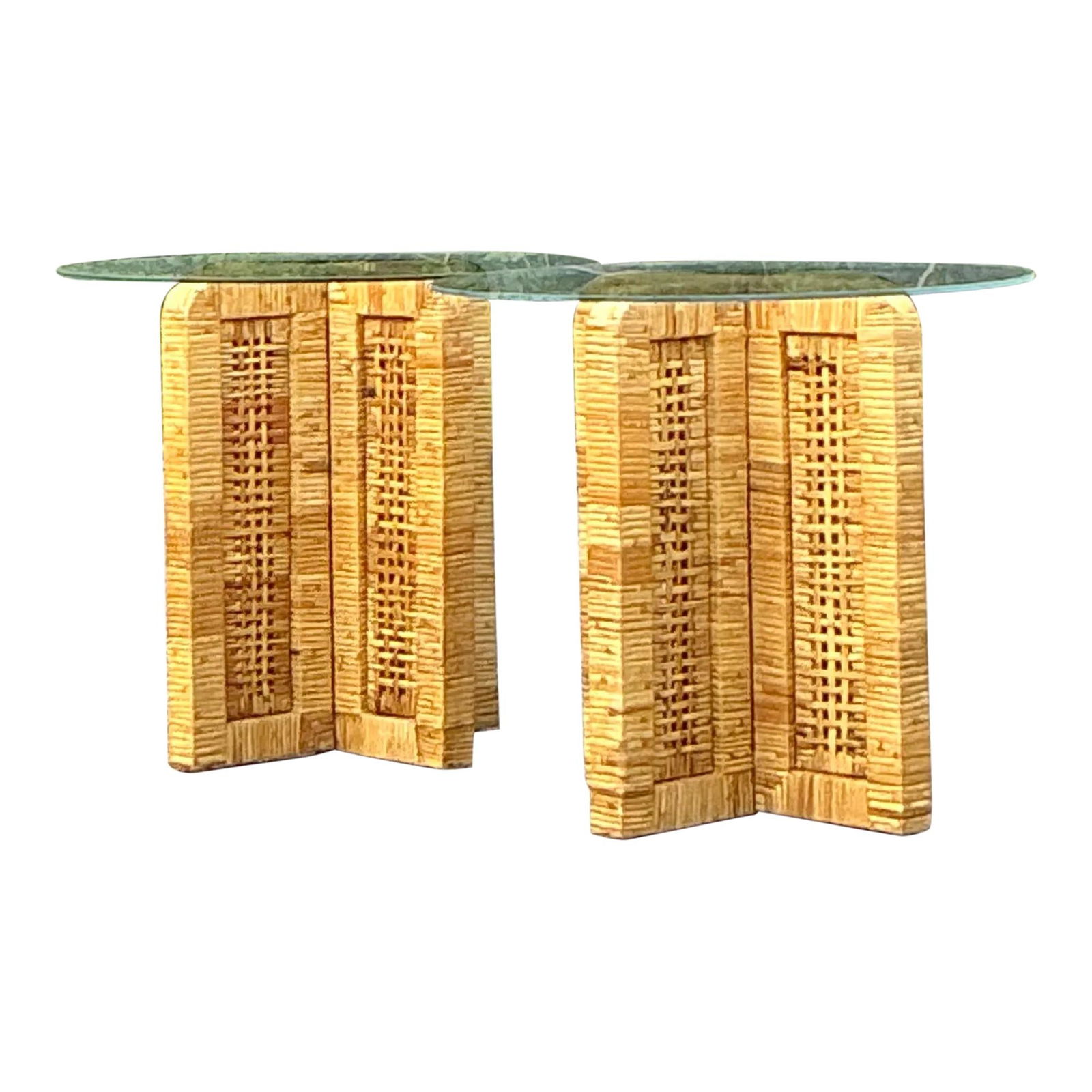 Vintage Coastal Rattan Side Tables Pair 25x25x21.25: Vintage Coastal Rattan Side Tables Pair 25x25x21.25 This exquisite pair of vintage coastal side tables showcases a beautifully wrapped rattan design, exuding natural elegance and timeless charm. With