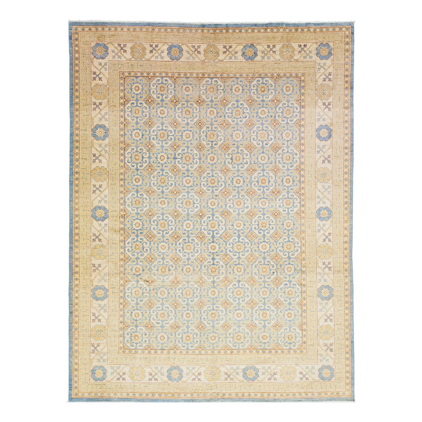 Handmade Khotan Wool Rug Beige Blue Design 9' x 11'10'': Handmade Khotan Wool Rug Beige Blue Design 9' x 11'10'' Discover the elegance of this Handmade Modern Khotan Wool Rug, expertly hand-knotted with a stunning beige field and intricate allover design en