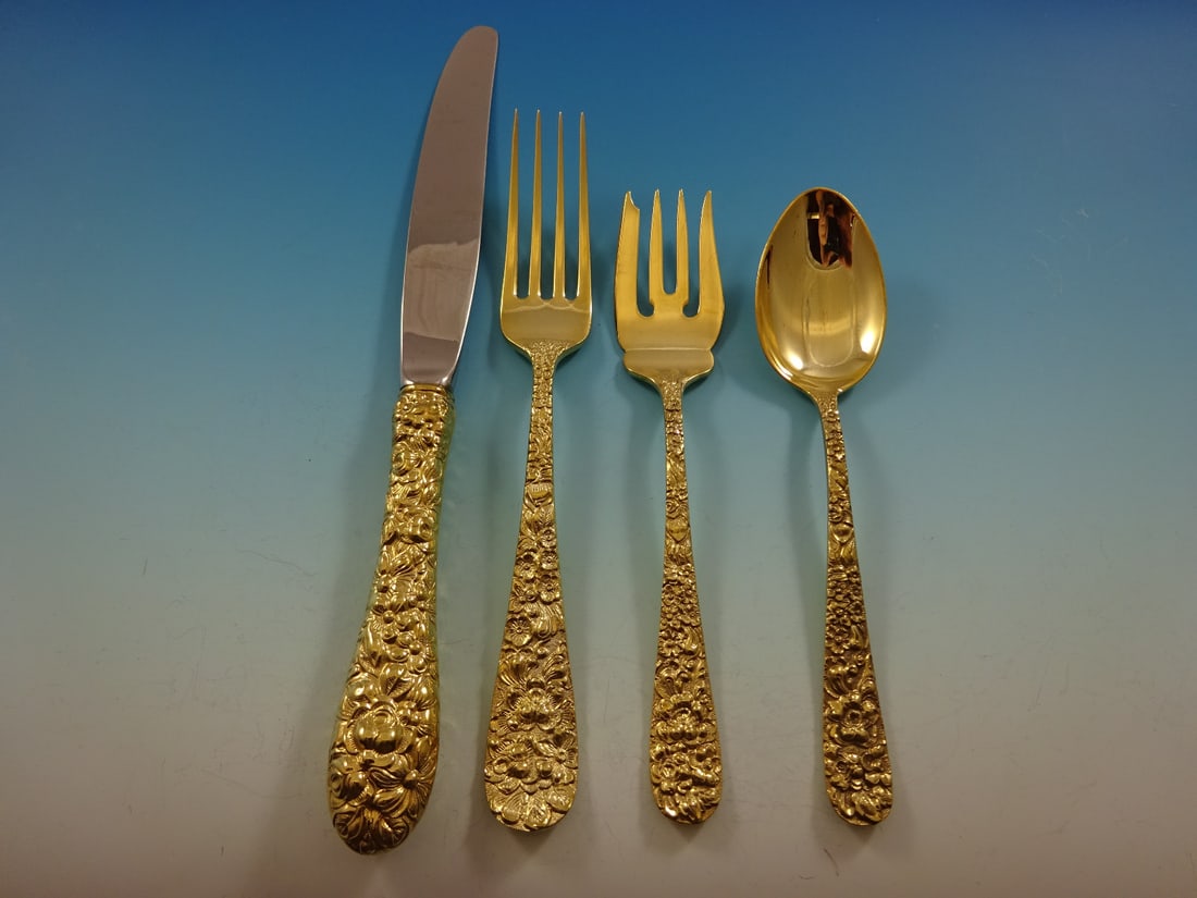 Stieff Rose Gold Sterling Silver Flatware Set 48 Pieces with Storage Chest: Stieff Rose Gold Sterling Silver Flatware Set 48 Pieces with Storage Chest Elevate your dining experience with this exquisite Rose by Stieff Gold Sterling Silver Flatware Set. This luxurious 48-piece