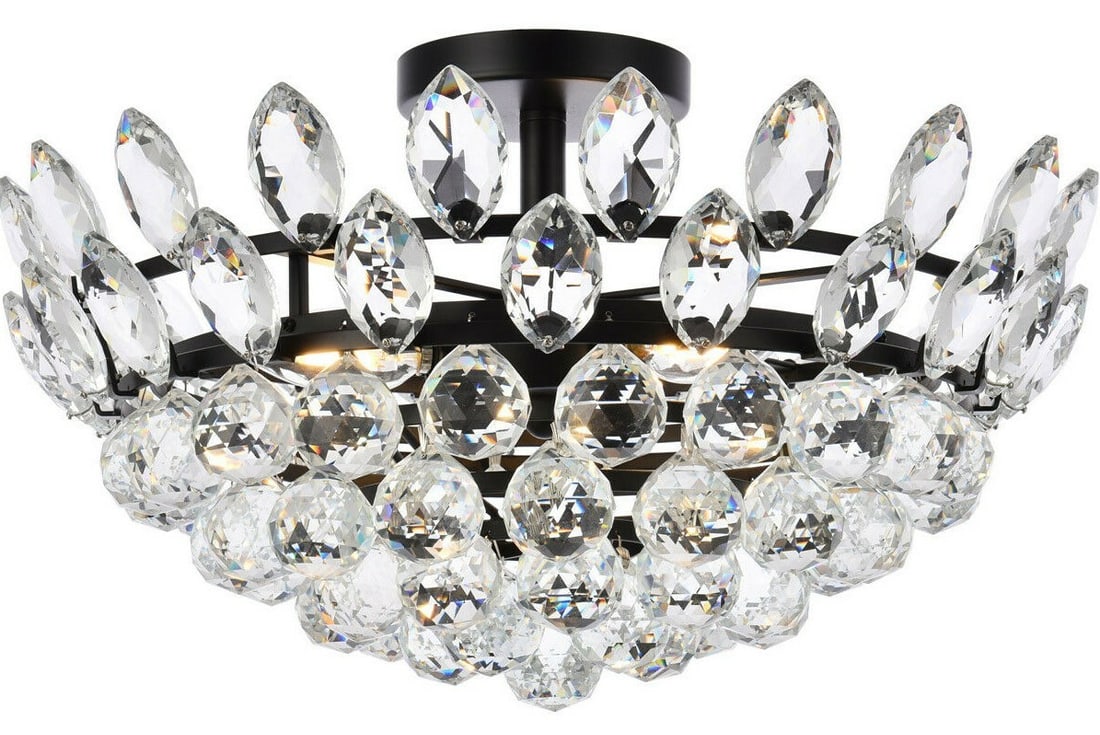 Elegant Emilia 5-Light Black and Clear Flush Mount Chandelier 18 Inch: Elegant Emilia 5-Light Black and Clear Flush Mount Chandelier 18 Inch Enhance your space with this elegant Crystal Flush Mount Chandelier, perfect for various rooms including the dining room, bedroom,