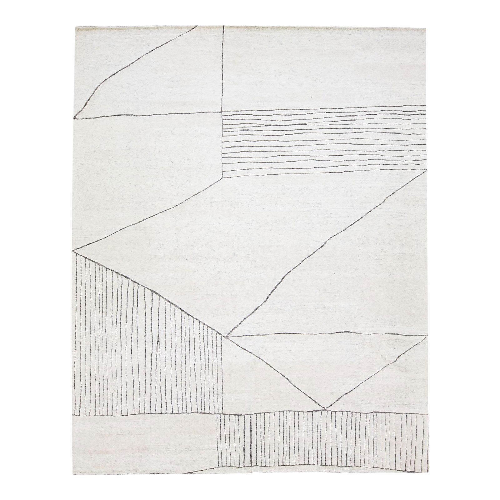 Ivory Modern Moroccan Wool Rug 12' x 15' Abstract Design: Ivory Modern Moroccan Wool Rug 12' x 15' Abstract Design Enhance your living space with this stunning modern Moroccan-style wool rug, expertly hand-knotted and featuring a chic ivory color field. Desi