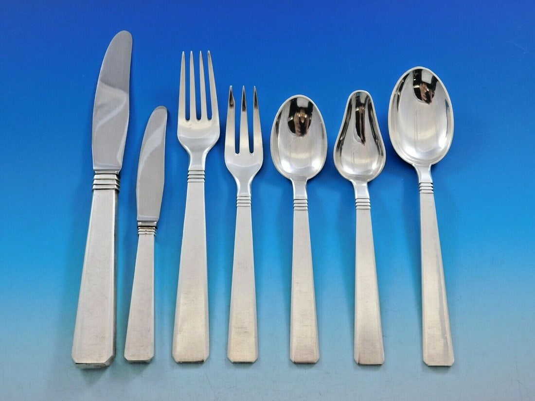 Peter Hertz Blok Danish Sterling Silver Flatware Set 84 Pieces for 12: Peter Hertz Blok Danish Sterling Silver Flatware Set 84 Pieces for 12 This exquisite Blok flatware set by Peter Hertz is crafted from sterling silver and designed to serve 12 people, comprising a tota