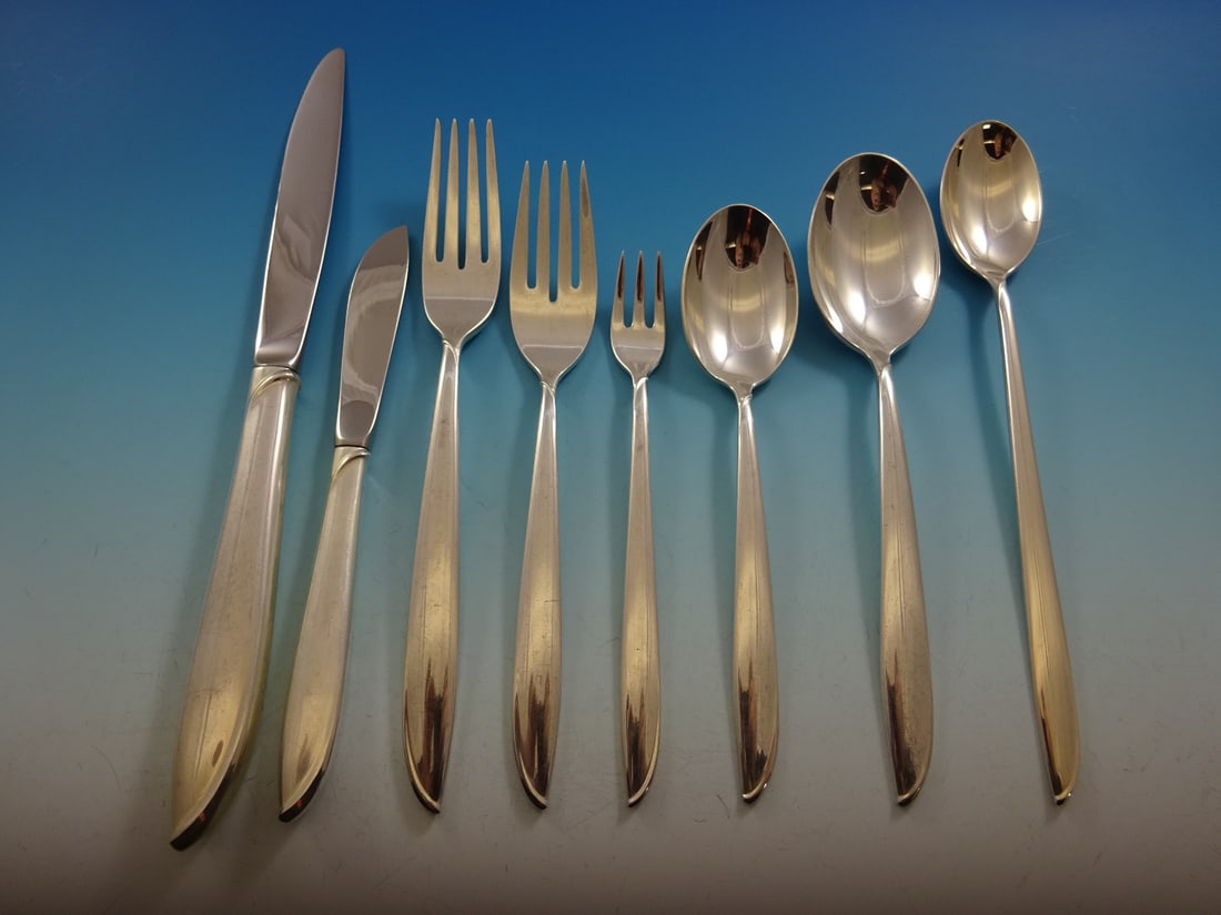International Sterling Silver Rhythm Flatware Set 110 Pcs for 12 Mid-Century Modern Style: International Sterling Silver Rhythm Flatware Set 110 Pcs for 12 Mid-Century Modern Style Elevate your dining experience with this exquisite Silver Rhythm flatware set by International Sterling, featu