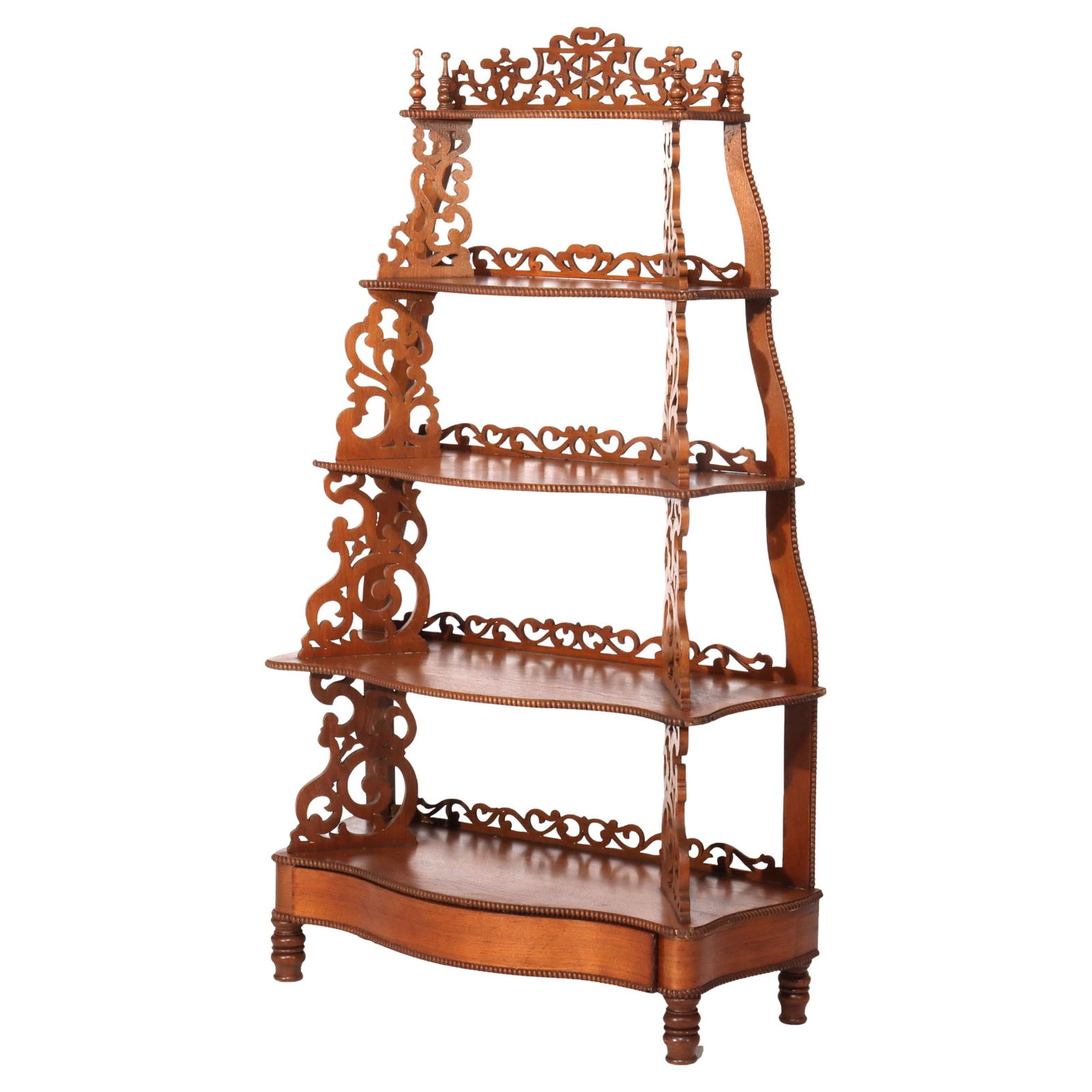Antique Walnut Filigree Etagere with Drawer Circa 1880: Antique Walnut Filigree Etagere with Drawer Circa 1880 This exquisite antique walnut etagere dates back to circa 1880 and showcases intricate filigree work that reflects the craftsmanship of the late
