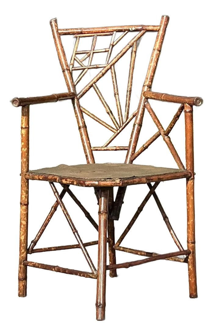 Rare Vintage Distressed Tortoise Bamboo Chair for Eclectic Interiors: Rare Vintage Distressed Tortoise Bamboo Chair for Eclectic Interiors Enhance your living space with this vintage distressed tortoise bamboo chair, a stunning piece that embodies rustic charm and intri