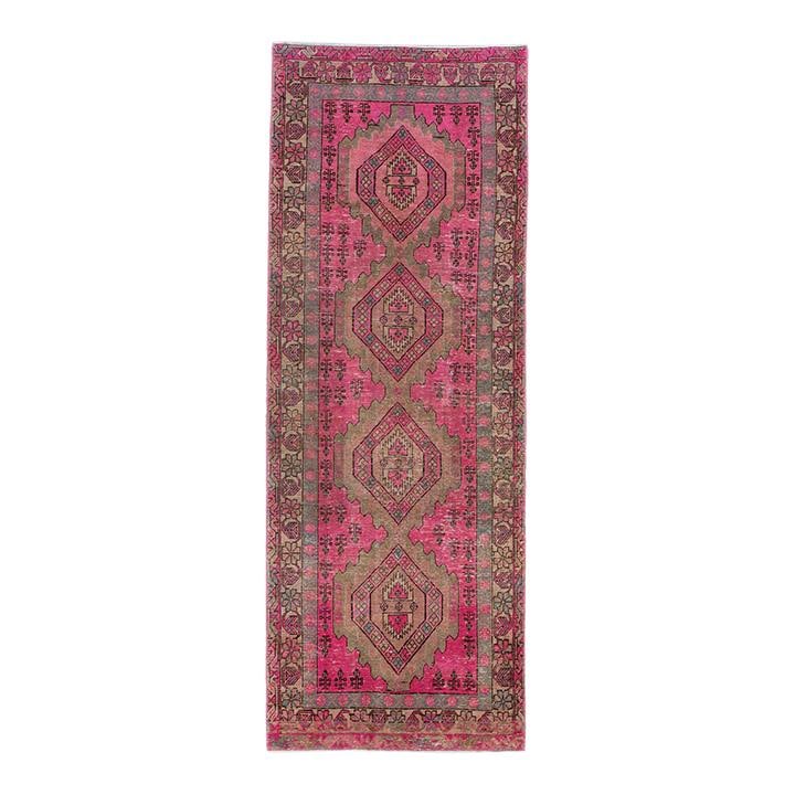 Vintage Hand-Knotted Pink Wool Runner Rug with Floral Design 3'9 x 10'3: Vintage Hand-Knotted Pink Wool Runner Rug with Floral Design 3'9 x 10'3 This stunning vintage distressed geometric runner features a beautiful hand-knotted wool construction with a vibrant pink field.