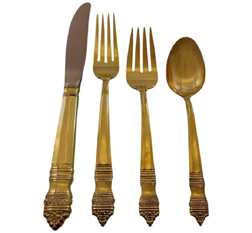 Towle Danish Baroque Sterling Silver 48-Piece Flatware Set Vermeil Gold Finish: Towle Danish Baroque Sterling Silver 48-Piece Flatware Set Vermeil Gold Finish Elevate your dining experience with this exquisite Danish Baroque by Towle Sterling Silver Flatware Service set. This 48-