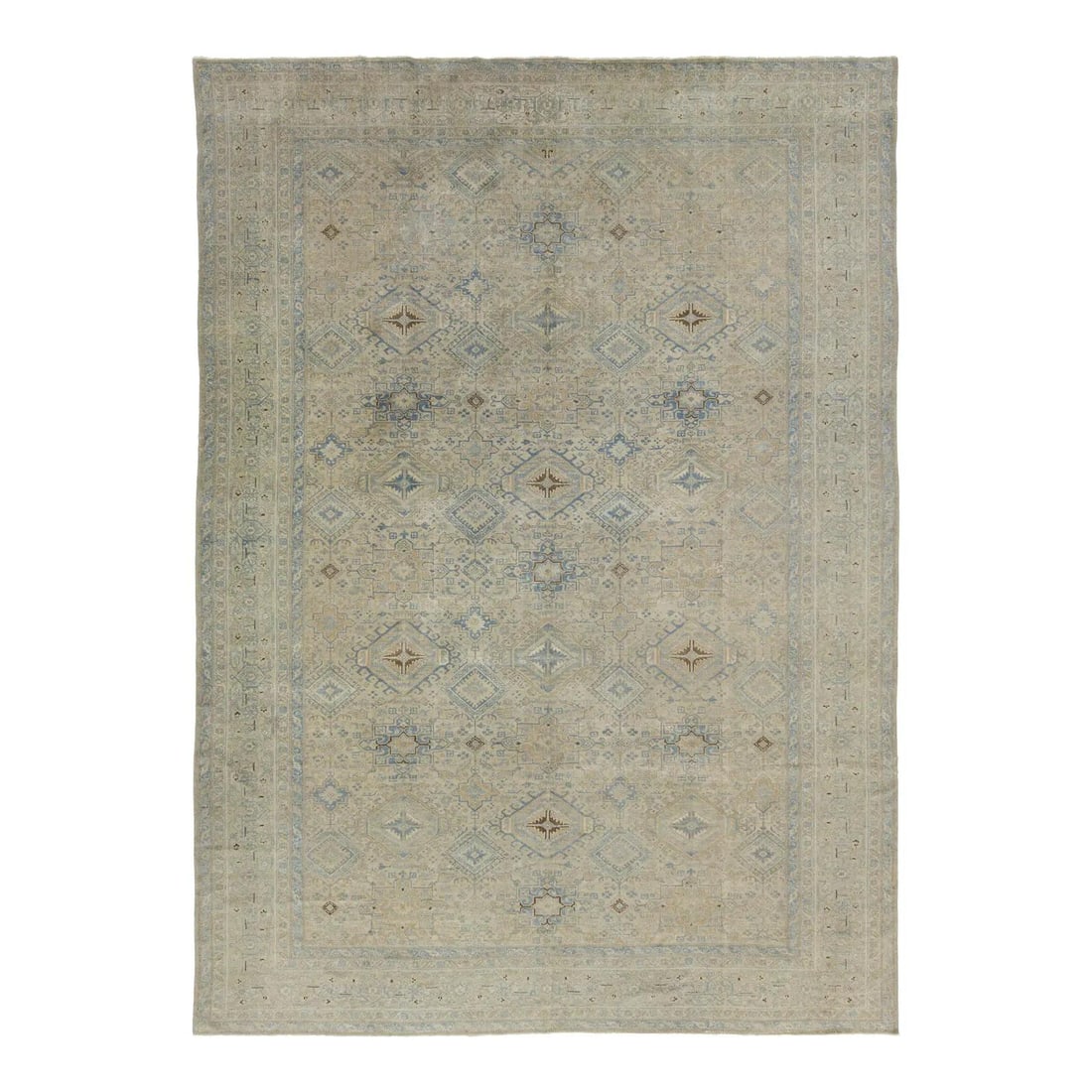 8'6" x 11'10" Persian Heriz Wool Rug with Star and Diamond Motifs: 8'6" x 11'10" Persian Heriz Wool Rug with Star and Diamond Motifs This antique Heriz rug features a hand-knotted wool construction with a refined geometric design, including star and diamond motifs in