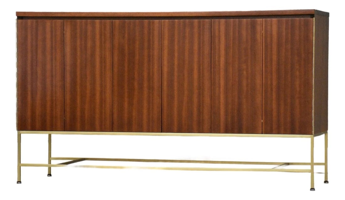 Mid Century Paul McCobb Mahogany Brass Credenza 60 Inches: Mid Century Paul McCobb Mahogany Brass Credenza 60 Inches This stunning mid-century modern credenza, designed by Paul McCobb for Calvin, showcases a beautiful mahogany finish paired with a polished br