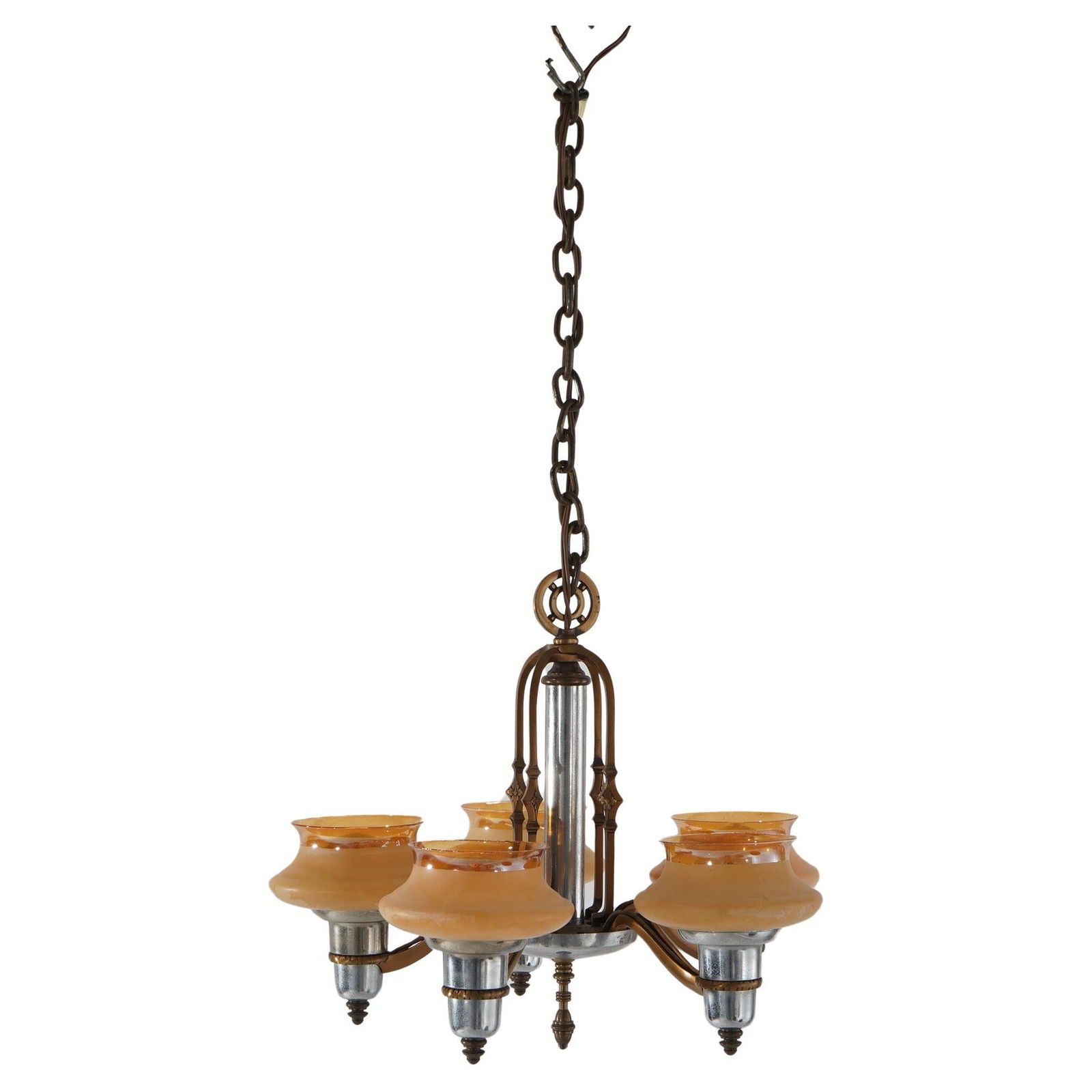 Vintage Art Deco Chandelier Chrome Bronzed Metal Amber Glass Shades: Vintage Art Deco Chandelier Chrome Bronzed Metal Amber Glass Shades Illuminate your space with this stunning Art Deco chandelier, featuring a striking combination of chrome and bronzed metal paired wi