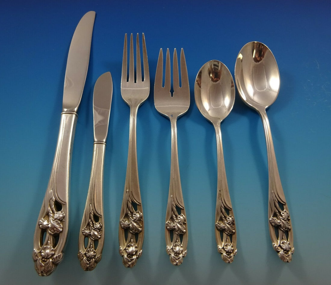 International Sterling Silver Silver Iris Flatware Set 48 Pieces for 8: International Sterling Silver Silver Iris Flatware Set 48 Pieces for 8 Elevate your dining experience with the Silver Iris flatware set by International Sterling. This exquisite set, crafted from high