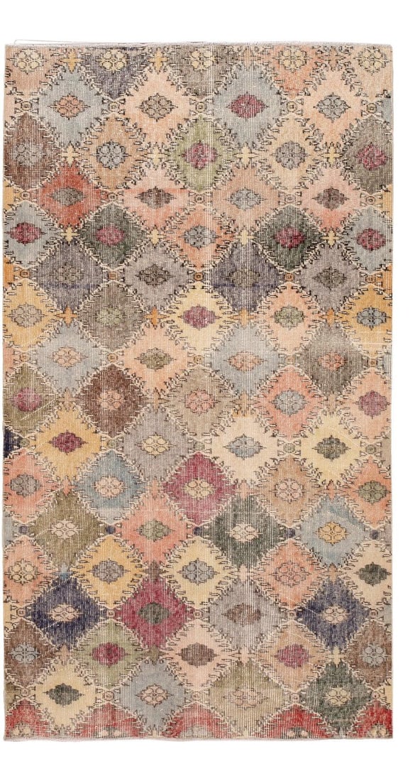 Vintage Turkish Hand-Knotted Wool Rug 4'1" x 7'4" Geometric Design: Vintage Turkish Hand-Knotted Wool Rug 4'1" x 7'4" Geometric Design Enhance your space with this stunning Vintage Turkish Scatter Wool Rug. Hand-knotted from high-quality wool, this beautiful rug featu