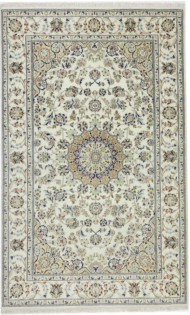 5'1 x 8'2 Hand-Knotted Indo-Nain Wool and Silk Floral Medallion Area Rug: 5'1 x 8'2 Hand-Knotted Indo-Nain Wool and Silk Floral Medallion Area Rug This handmade Indo-Nain rug features a classic floral medallion design, blending traditional style with modern regional influen