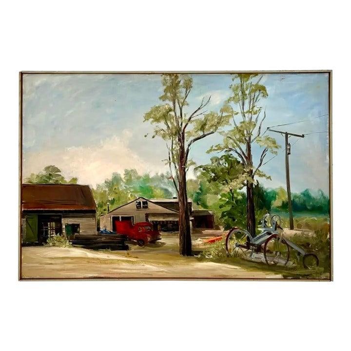Rural Countryside Scene Painting Original Artwork on Canvas: Rural Countryside Scene Painting Original Artwork on Canvas Original landscape painting on canvas featuring a tranquil rural scene with a red truck, farm buildings, and tall trees beneath a cloud-stre