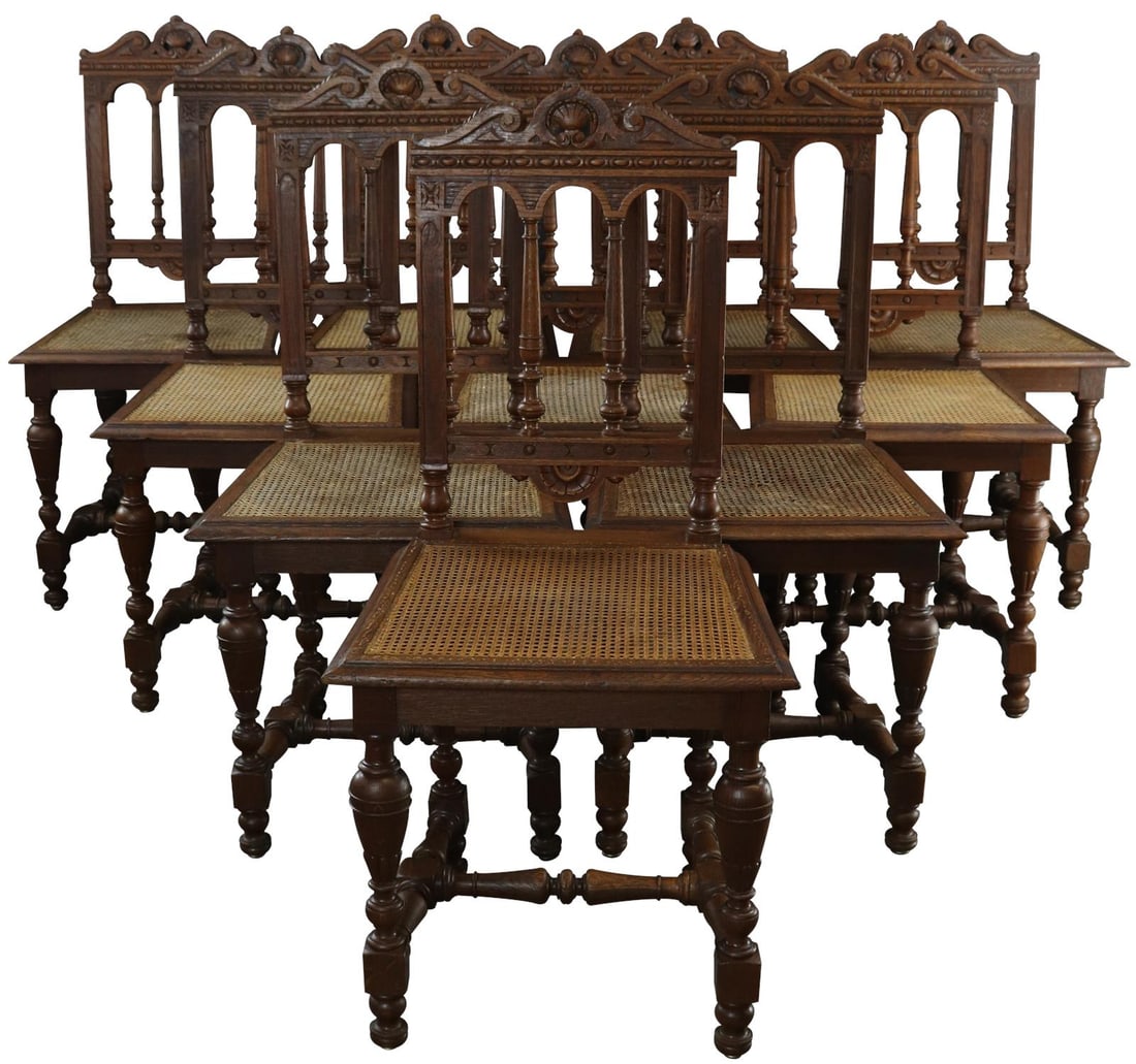 Set of 10 French Renaissance Dining Chairs Oak Chestnut Finish: Set of 10 French Renaissance Dining Chairs Oak Chestnut Finish This exquisite set of 10 French Renaissance dining chairs showcases the timeless elegance of oak craftsmanship. Featuring a rich chestnut