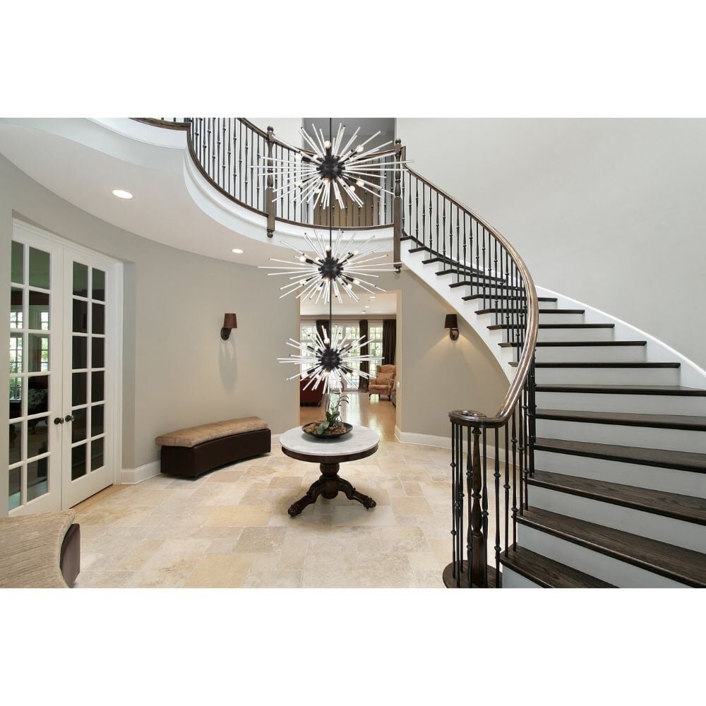 Sienna 30-Light Black Sputnik Chandelier with Clear Glass Rods: Sienna 30-Light Black Sputnik Chandelier with Clear Glass Rods Elevate your space with this stunning 30 Light Sputnik Chandelier, featuring a striking black frame adorned with clear glass rods. This m