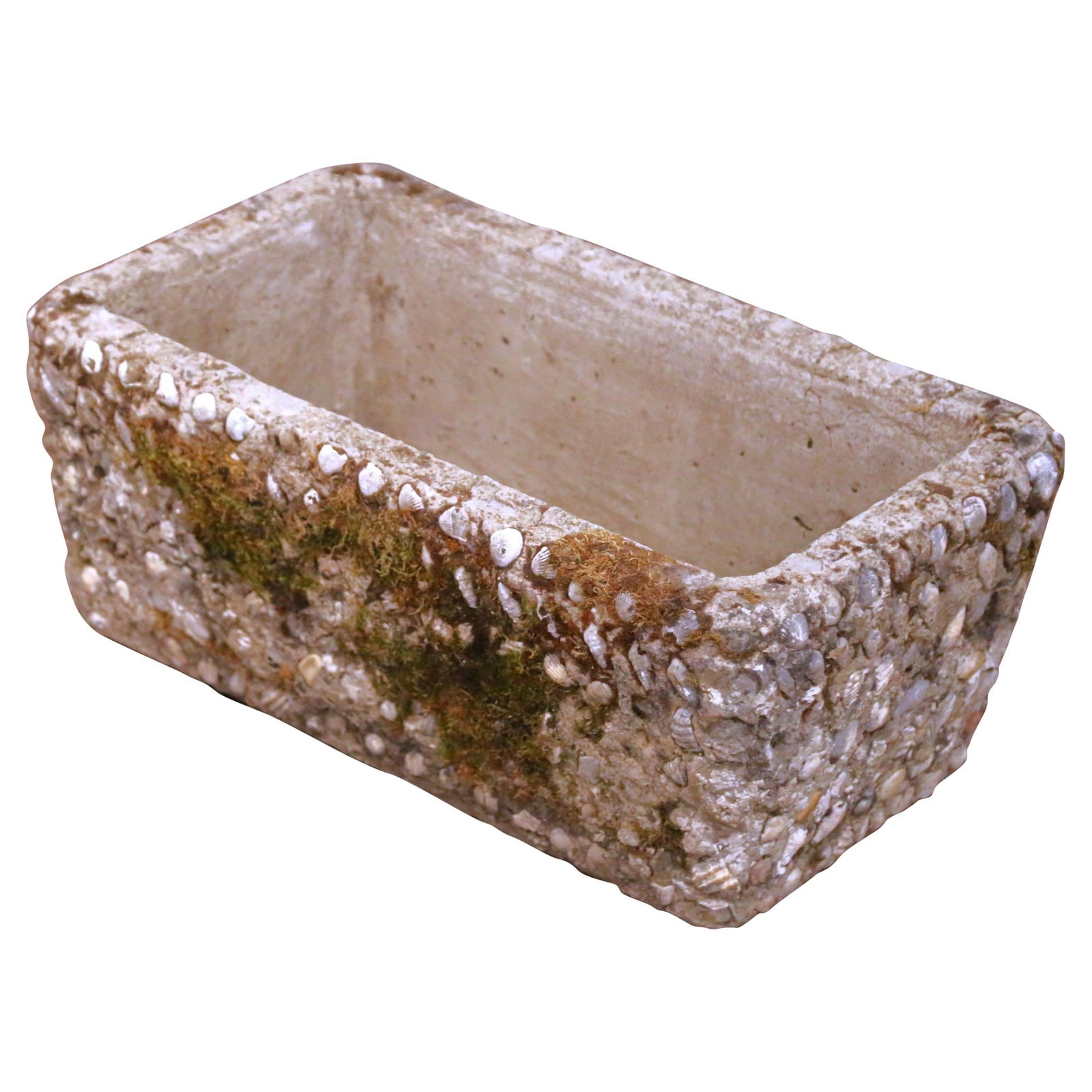 French Shell-Adorned Cast Stone Garden Planter circa 1880: French Shell-Adorned Cast Stone Garden Planter circa 1880 This antique French cast stone planter, crafted circa 1880, features a rectangular trough form with a distinctive shell-encrusted surface. Emb
