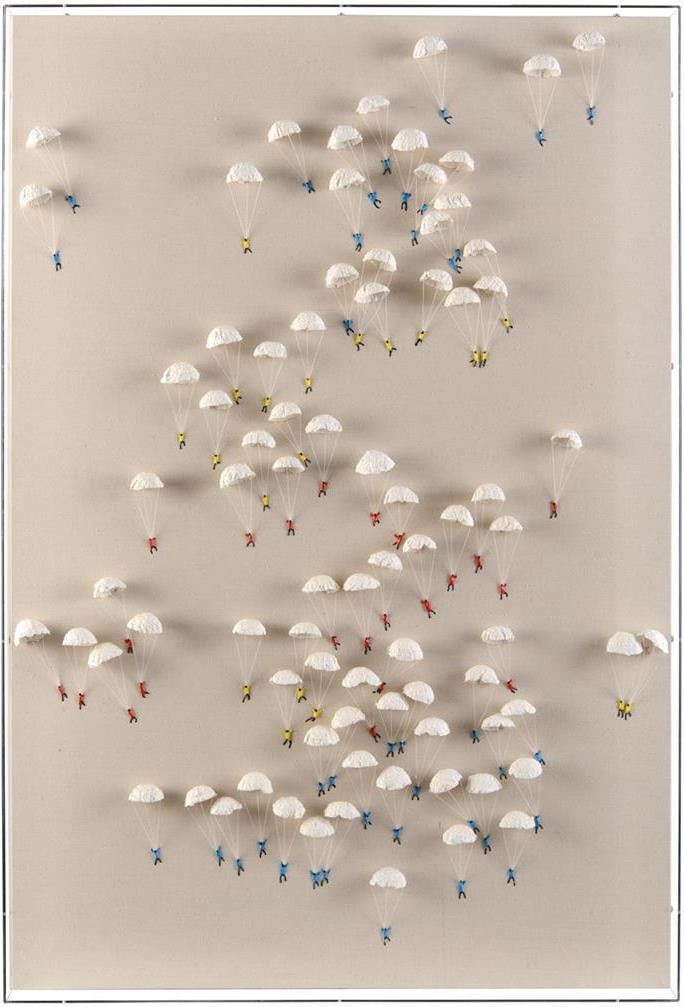 Tony Fey Floating Paper Parachuters Contemporary Art 59 x 39.25 Inches: Tony Fey Floating Paper Parachuters Contemporary Art 59 x 39.25 Inches Discover the captivating artwork of Tony Fey with this enchanting piece titled "Tony Fey's Floating." Crafted from acrylic box pa