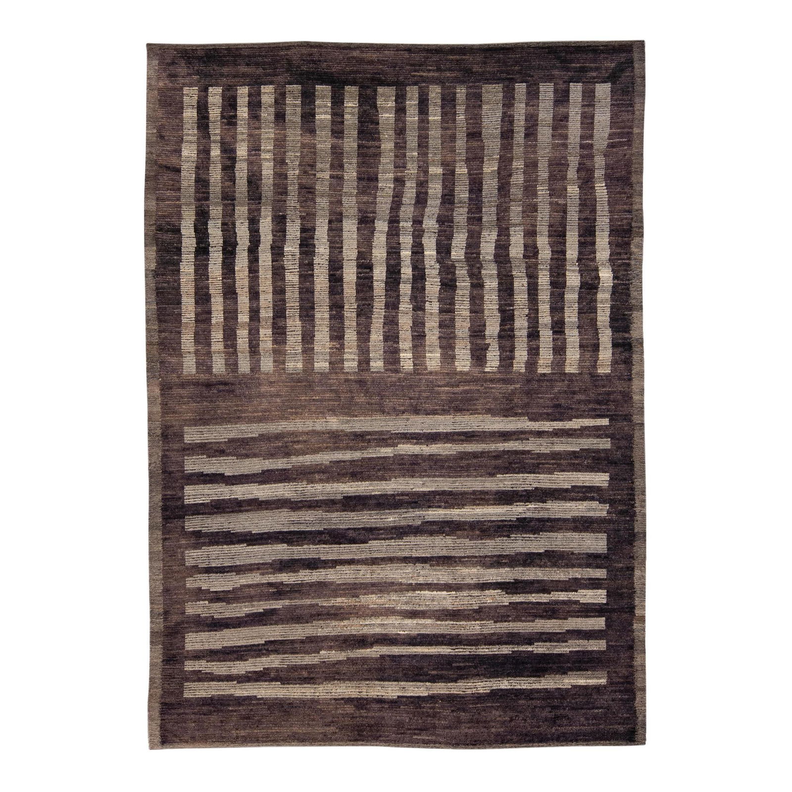 Modern Handmade Brown Wool Rug with Striped Motif 10'4 x 14'5: Modern Handmade Brown Wool Rug with Striped Motif 10'4 x 14'5 Enhance your living space with this exquisite Modern Moroccan style handmade wool rug. Featuring a captivating beige field adorned with br