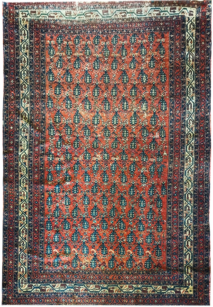Antique Persian Mahal Herati Area Rug 4.7 x 5.10 Hand-Knotted Wool: Antique Persian Mahal Herati Area Rug 4.7 x 5.10 Hand-Knotted Wool Free continental US Shipping Experience the elegance of the past with this Antique Persian Mahal Herati Rug, measuring 4.7 x 5.10 fee