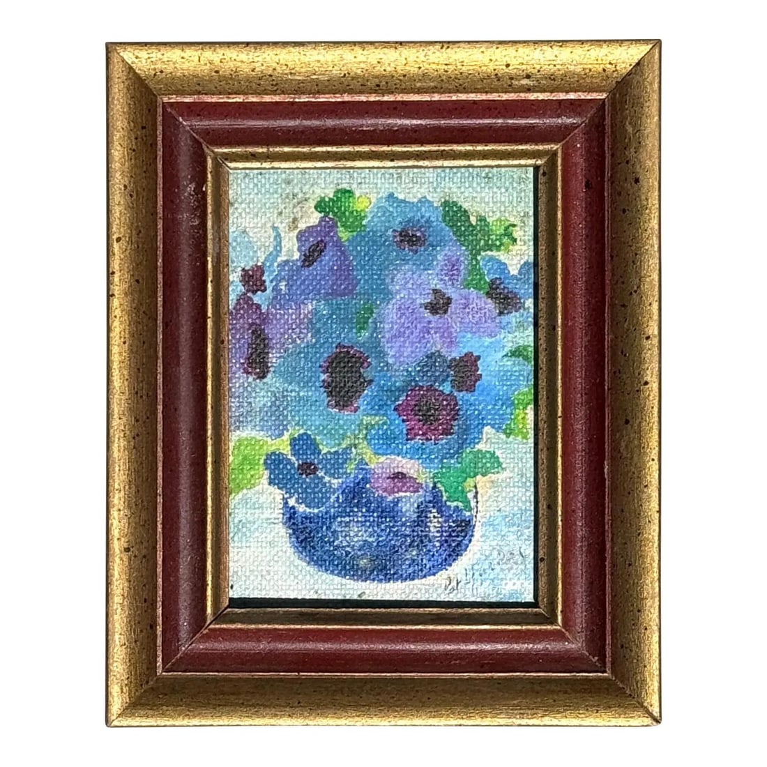 Signed Bohemian Floral Oil Painting on Canvas in Gold Burgundy Frame: Signed Bohemian Floral Oil Painting on Canvas in Gold Burgundy Frame This vintage boho abstract still life is an oil painting on canvas, signed by the artist. The artwork features a lively impressioni