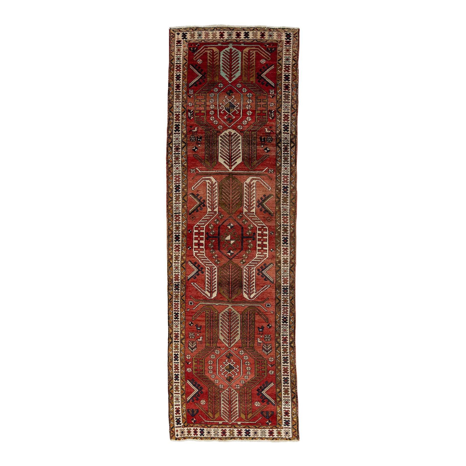 Rust Persian Heriz Handmade Wool Tribal Runner Rug 3'4 x 10'7: Rust Persian Heriz Handmade Wool Tribal Runner Rug 3'4 x 10'7 Enhance your space with this stunning vintage Persian Heriz runner rug, meticulously handmade from high-quality wool. Featuring a rich rus