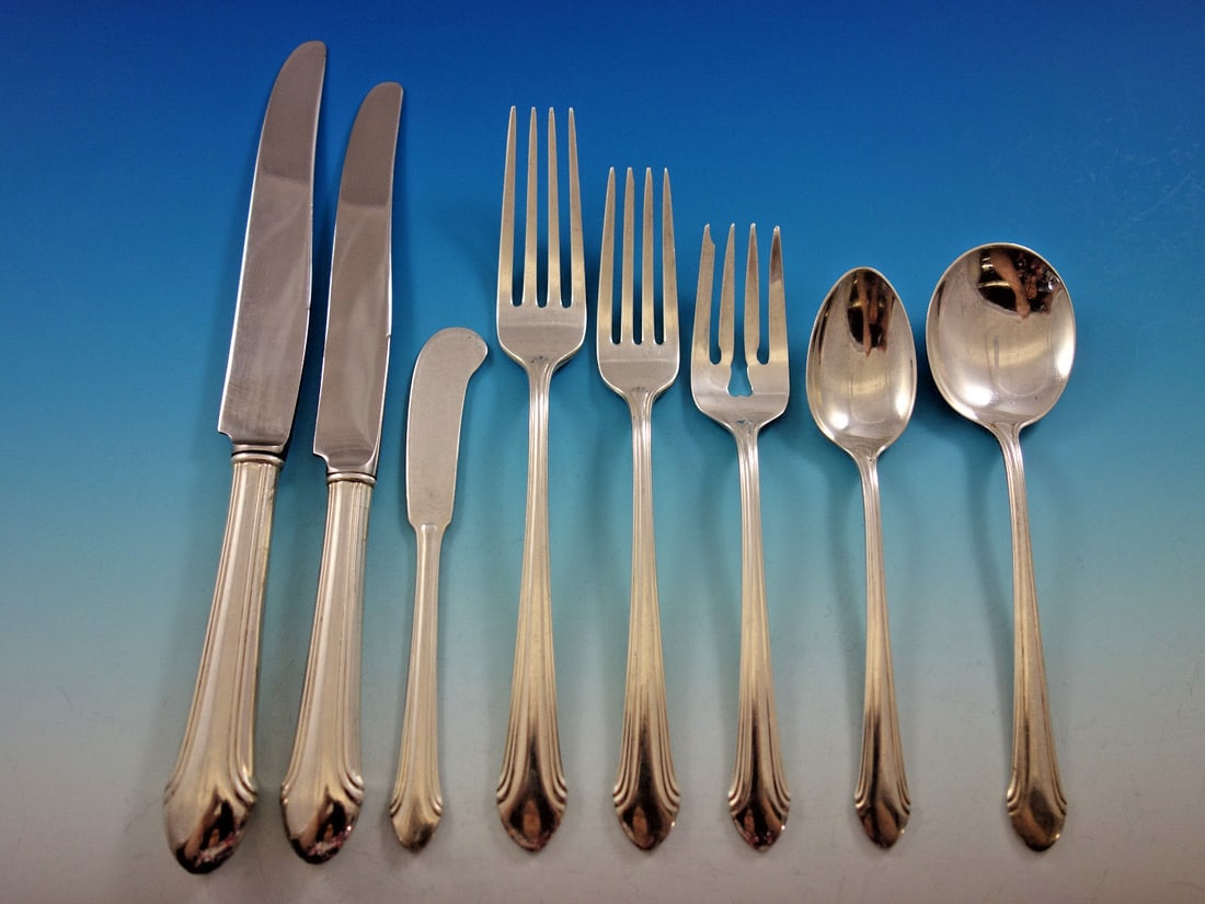 Alvin Romantique Sterling Silver Flatware Set 98 pcs for 12 with Storage Chest: Alvin Romantique Sterling Silver Flatware Set 98 pcs for 12 with Storage Chest Elevate your dining experience with the Romantique by Alvin Sterling Silver Flatware Set, designed to serve 12 with a tot