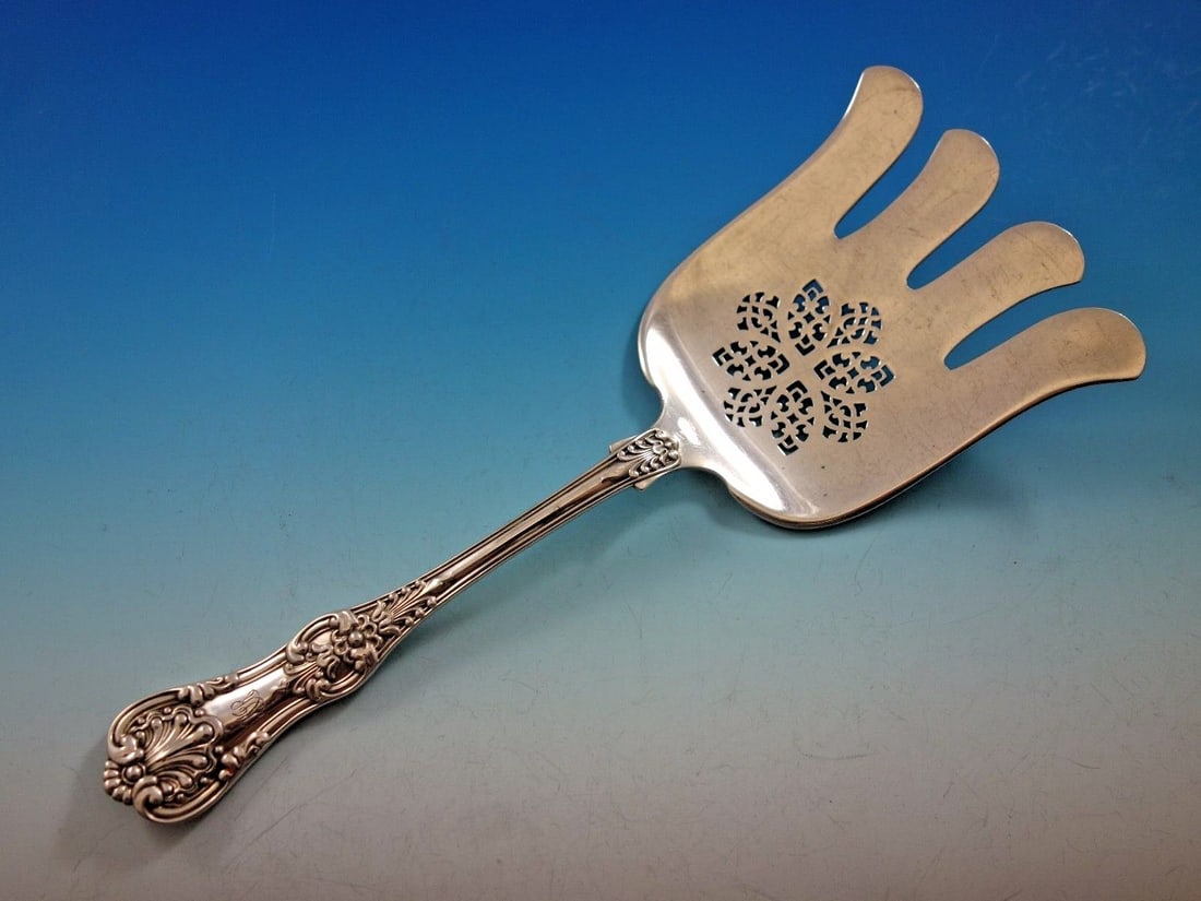 Tiffany & Co English King Sterling Silver Asparagus Fork 9.5" Monogrammed: Tiffany & Co English King Sterling Silver Asparagus Fork 9.5" Monogrammed Discover the elegance of the English King pattern with this exquisite sterling silver asparagus serving fork by Tiffany & Co.