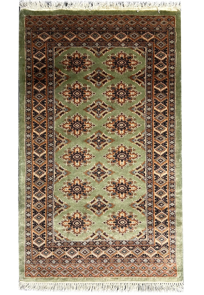 Green Jaldar Hand-Knotted Bokhara Area Rug 2'8 x 3'11: Green Jaldar Hand-Knotted Bokhara Area Rug 2'8 x 3'11 Free continental US Shipping Elevate your living space with this exquisite 2.8 x 3.11 Green Jaldar Hand-knotted Bokhara Pattern Rug. Handcrafted b