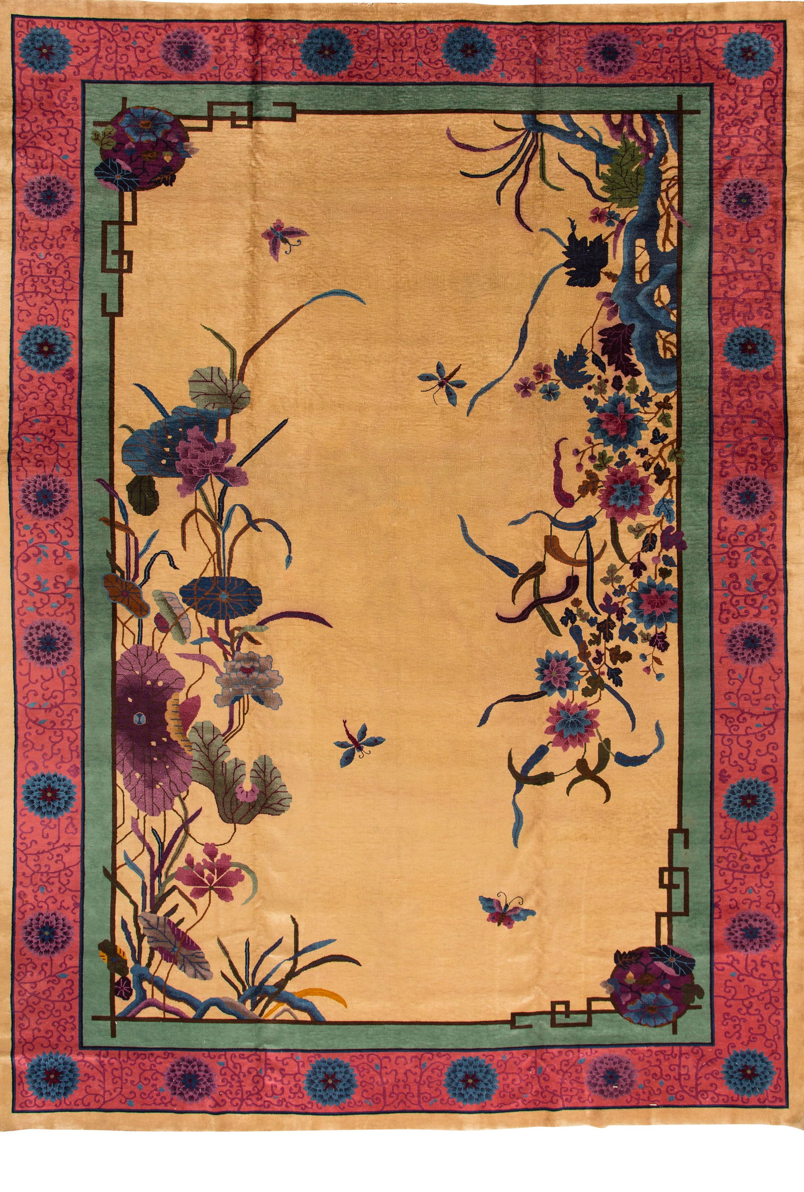 Oversize Antique Chinese Nichols Hand-Knotted Wool Rug 11'8" x 17'4": Oversize Antique Chinese Nichols Hand-Knotted Wool Rug 11'8" x 17'4" This stunning oversize Antique Chinese Nichols wool rug showcases exquisite hand-knotted craftsmanship. Featuring a tan field with