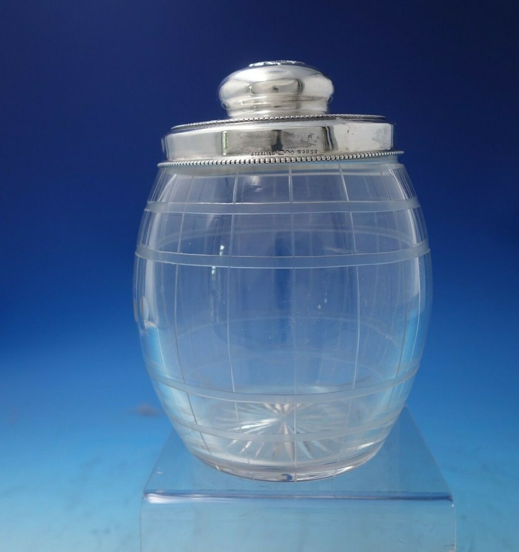 Sterling Silver Beaded Cigar Jar with Axe Emblem 7" Tall: Sterling Silver Beaded Cigar Jar with Axe Emblem 7" Tall This exquisite cigar jar features a stunning combination of sterling silver and glass, showcasing a beaded pattern and a distinctive axe emblem