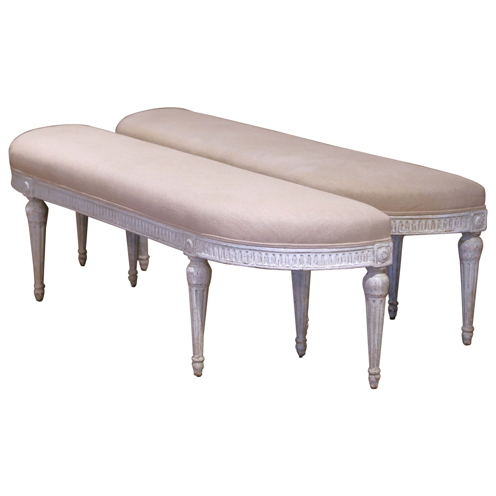 Elegant Pair of 19th Century Louis XVI Painted Benches France: Elegant Pair of 19th Century Louis XVI Painted Benches France Enhance your entryway or living space with this exquisite pair of 19th Century Louis XVI painted upholstered benches. Crafted in France ar